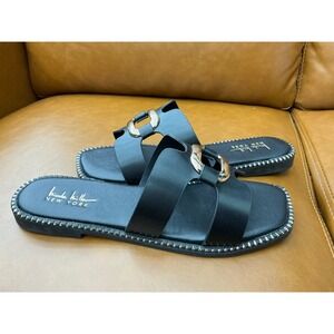 Nicole Miller Danis Slide Sandals Womens 9 Black Gold Buckle Studded